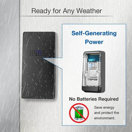 Wireless Home Doorbell with Temperature Display and Remote Alert showcasing self-generating power, weatherproof design and no batteries required