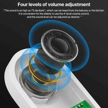 Wireless Home Doorbell with Temperature Display and Remote Alert showing exploded speaker components and four levels of volume adjustment
