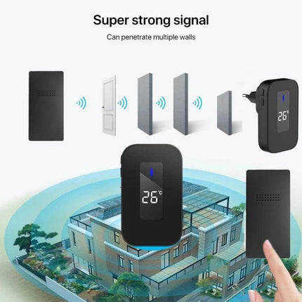 Wireless Home Doorbell with Temperature Display and Remote Alert showing signal penetrating walls and 26°C screen