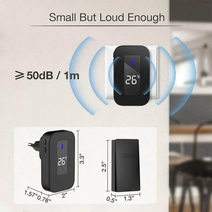 Wireless Home Doorbell with Temperature Display and Remote Alert showing digital temperature, compact receiver dimensions and loud 50dB alert