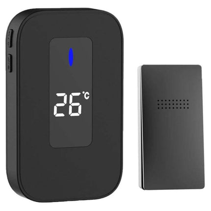 Alt Tag: Wireless Home Doorbell with Temperature Display and Remote Alert black indoor chime unit showing 26°C temperature and wireless button