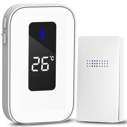 Wireless Home Doorbell with Temperature Display and Remote Alert showing 26°C display and white chime unit