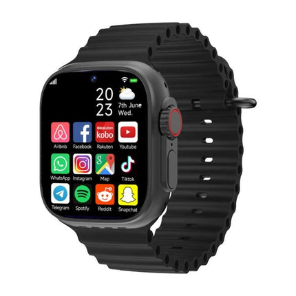 A Practical Smart Watch for Daily Connectivity and Use showing apps on a black silicone strap and SIM call capability