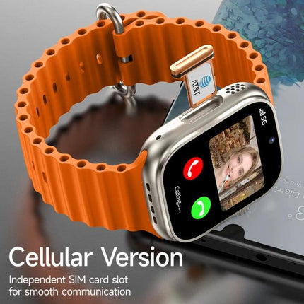 A Practical Smart Watch for Daily Connectivity and Use showing orange-band cellular smartwatch with SIM slot and incoming call screen