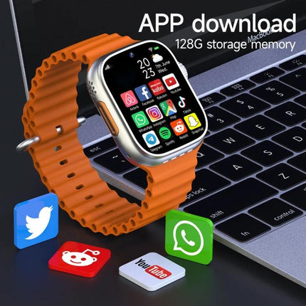 A Practical Smart Watch for Daily Connectivity and Use showing app icons, orange strap, SIM call and notifications features