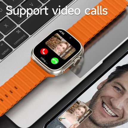 A Practical Smart Watch for Daily Connectivity and Use - orange-band smartwatch showing video call screen next to laptop and phone