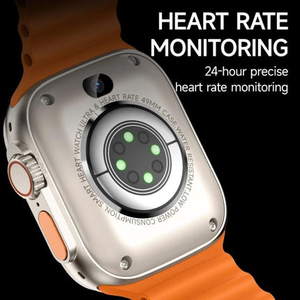 A Practical Smart Watch for Daily Connectivity and Use showing heart rate monitoring sensor and orange band