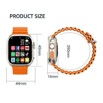A Practical Smart Watch for Daily Connectivity and Use - orange band watch front and side dimensions 44x49x14mm with 250mm strap