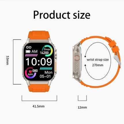 G41 Bracelet for Everyday Wellness and Daily Activity Tracking - orange fitness smartwatch showing 53mm x 41.5mm dimensions, 270mm strap size and health metrics