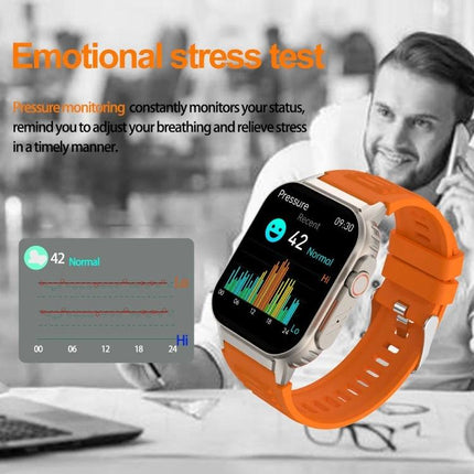 G41 Bracelet for Everyday Wellness and Daily Activity Tracking orange strap smartwatch showing heart rate, pressure and sleep graphs for stress monitoring