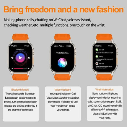 G41 Bracelet for Everyday Wellness and Daily Activity Tracking - orange smartwatch showing music, voice assistant, and message screens