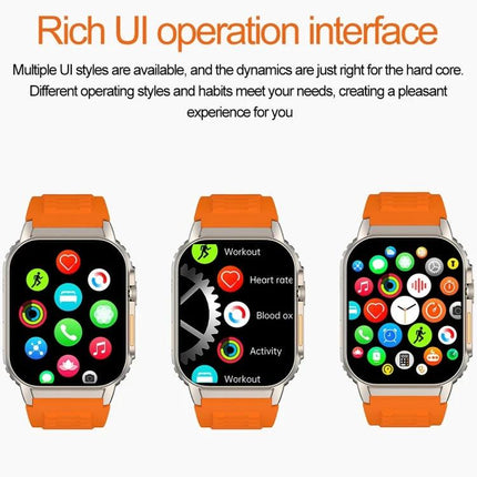 G41 Bracelet for Everyday Wellness and Daily Activity Tracking — three orange-banded smartwatches showing rich UI screens with heart rate, workout, sleep and activity icons