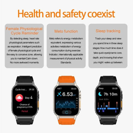 G41 Bracelet for Everyday Wellness and Daily Activity Tracking - three smartwatches showing female cycle reminder, MET function, and sleep tracking