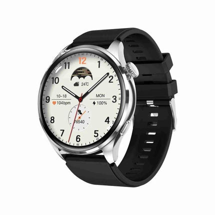 TM05 Pro Bracelet for Daily Health and Activity Tracking showing round silver smartwatch with black band, heart rate, steps, and sleep monitoring on display