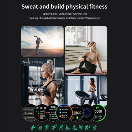 TM05 Pro Bracelet for Daily Health and Activity Tracking - collage showing running, yoga, strength training, treadmill and fitness metrics on wrist