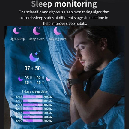 TM05 Pro Bracelet for Daily Health and Activity Tracking showing sleep monitoring screen and wristwear on a sleeping man