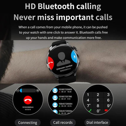 TM05 Pro Bracelet for Daily Health and Activity Tracking showing HD Bluetooth calling, incoming call screen, call records and dial interface