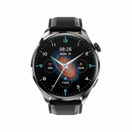 Leather Band Smart Bracelet for Everyday Health Tracking - sleek round smartwatch with leather band showing heart rate, steps, blood oxygen and activity stats