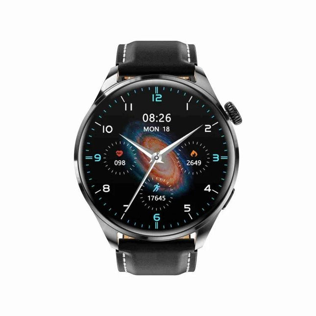 Leather Band Smart Bracelet for Everyday Health Tracking - sleek round smartwatch with leather band showing heart rate, steps, blood oxygen and activity stats