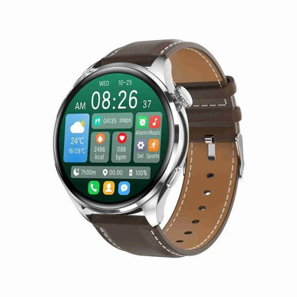 Leather Band Smart Bracelet for Everyday Health Tracking - brown leather band smartwatch showing heart rate, steps, notifications