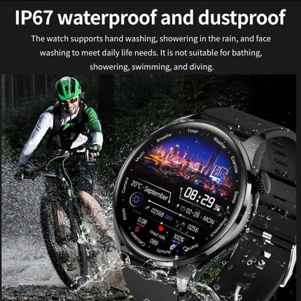 Leather Band Smart Bracelet for Everyday Health Tracking shown waterproof with cyclist, heart rate and health monitoring display (IP67)