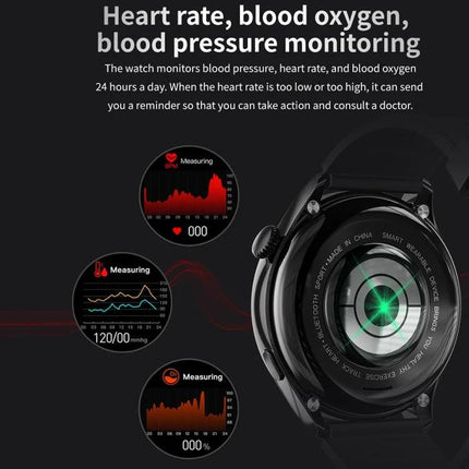Leather Band Smart Bracelet for Everyday Health Tracking showing heart rate, blood oxygen and blood pressure monitoring on a black wrist device