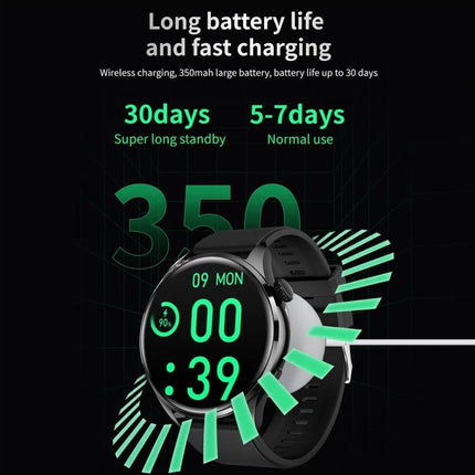 Leather Band Smart Bracelet for Everyday Health Tracking showing watch face with 30-day standby and 5-7 day normal use battery life
