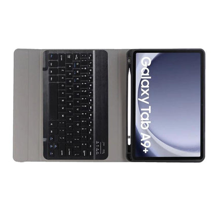 Candy Color Protective Tablet Case with Bluetooth Keyboard shown open with Galaxy Tab A9+ and integrated keyboard for typing on the go