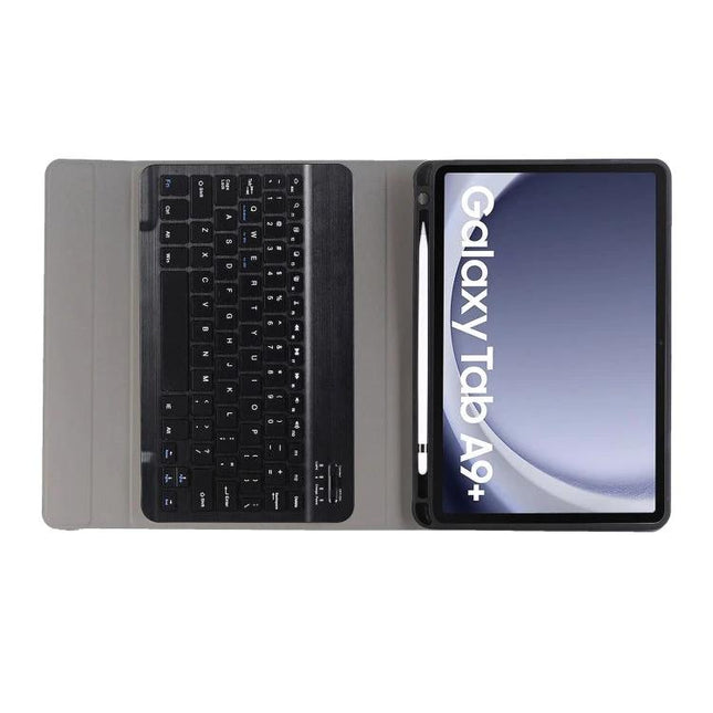 Candy Color Protective Tablet Case with Bluetooth Keyboard shown open with Galaxy Tab A9+ and integrated keyboard for typing on the go