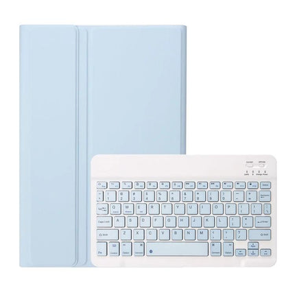 Candy Color Protective Tablet Case with Bluetooth Keyboard shown in pastel blue with detachable Bluetooth keyboard and protective cover