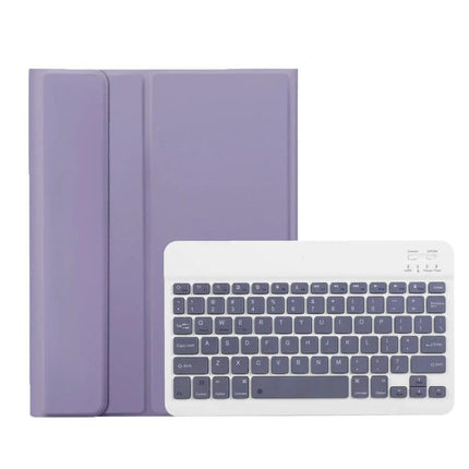 Candy Color Protective Tablet Case with Bluetooth Keyboard in purple showing detachable white Bluetooth keyboard and protective folio cover
