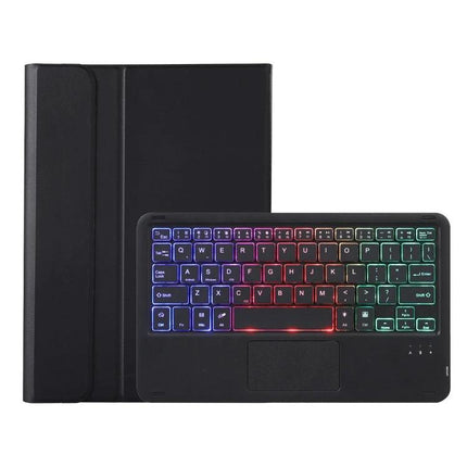 Bluetooth Keyboard Leather Case for Tablets with Candy Colors and Pen Holder showing black leather folio and rainbow backlit keyboard