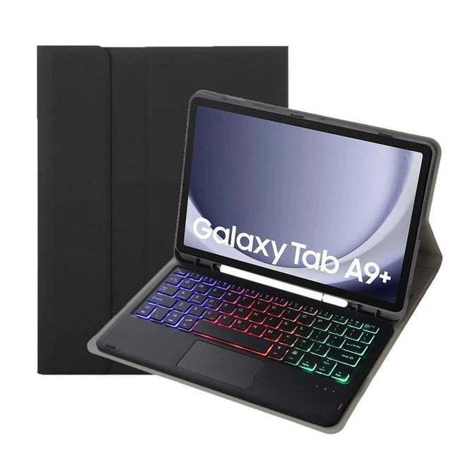 Bluetooth Keyboard Leather Case for Tablets with Candy Colors and Pen Holder — black leather case with RGB backlit keyboard and pen slot for Galaxy Tab A9+