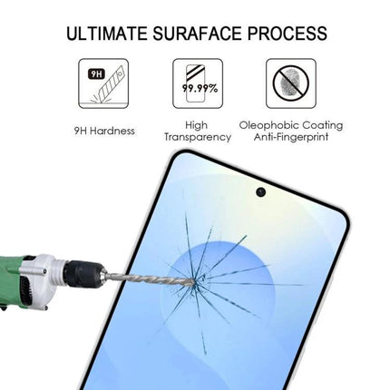 Samsung Galaxy Tempered Glass Screen Protector For Everyday Use showing 9H hardness, high transparency, oleophobic coating and drill impact test
