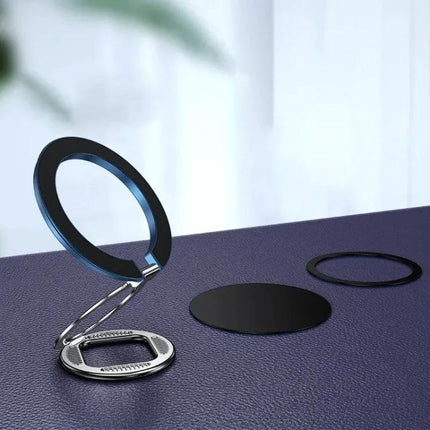 Adjustable Folding MagSafe Magnetic Ring Buckle Holder displayed in folded and upright positions for hands-free phone viewing and secure magnetic grip