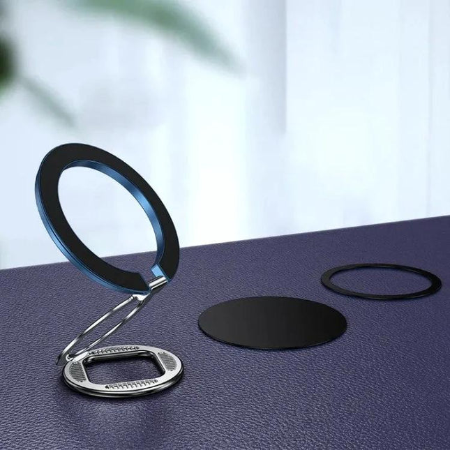 Adjustable Folding MagSafe Magnetic Ring Buckle Holder displayed in folded and upright positions for hands-free phone viewing and secure magnetic grip
