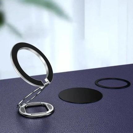 Adjustable Folding MagSafe Magnetic Ring Buckle Holder displayed folded and unfolded as a silver black magnetic phone ring stand for hands-free use