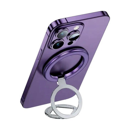 Adjustable Folding MagSafe Magnetic Ring Buckle Holder on purple phone showing ring stand and folded buckle for hands-free use