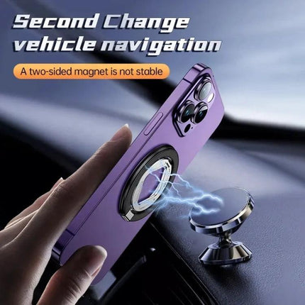Adjustable Folding MagSafe Magnetic Ring Buckle Holder attached to purple phone for hands-free vehicle navigation and stable magnetic grip