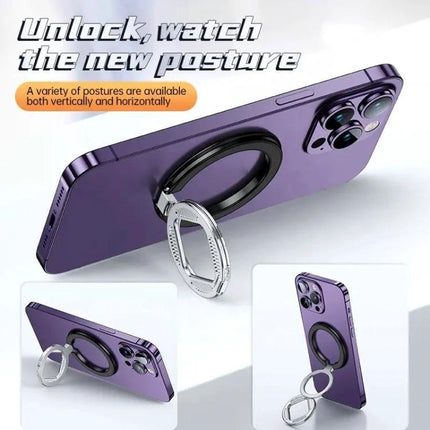 Adjustable Folding MagSafe Magnetic Ring Buckle Holder on purple phone showing ring stand and magnetic attachment for hands-free viewing and vertical or horizontal use
