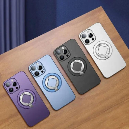 Adjustable Folding MagSafe Magnetic Ring Buckle Holder on four smartphones in purple blue black and white, folded ring stand for hands-free use