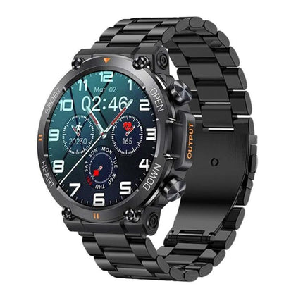 Essential Wristband for Everyday Health and Activity Tracking black metal smartwatch showing heart rate, step count, sleep and message reminders on round dial
