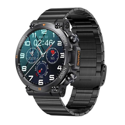 Essential Wristband for Everyday Health and Activity Tracking - black metal smartwatch showing heart rate, steps, sleep and notification icons