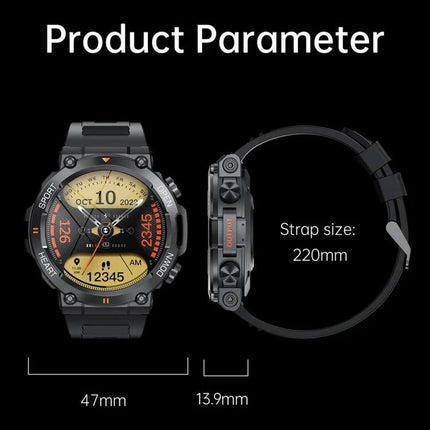 Essential Wristband for Everyday Health and Activity Tracking - black smartwatch showing heart rate, steps, sleep and 47mm case dimensions