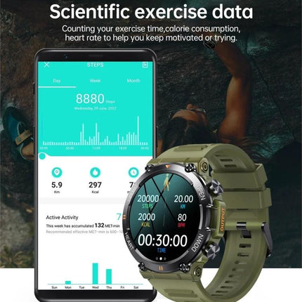 Essential Wristband for Everyday Health and Activity Tracking showing step, heart rate, sleep and notification alerts on wrist and smartphone