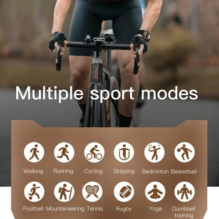 Cyclist wearing Essential Wristband for Everyday Health and Activity Tracking showing multiple sport modes like cycling, running, and walking