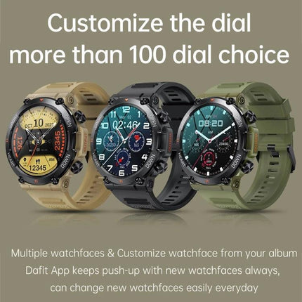 Essential Wristband for Everyday Health and Activity Tracking showing three customizable watch dials in tan, black, and green with multiple watchface options