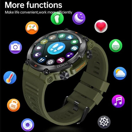 Essential Wristband for Everyday Health and Activity Tracking - green smartwatch showing heart rate, sleep, call and activity icons
