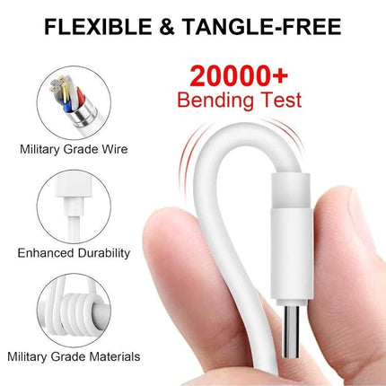 Essential Charging Cable for Phones in Daily Life showing flexible tangle-free white USB charging cable being bent, highlighting military-grade wire and enhanced durability