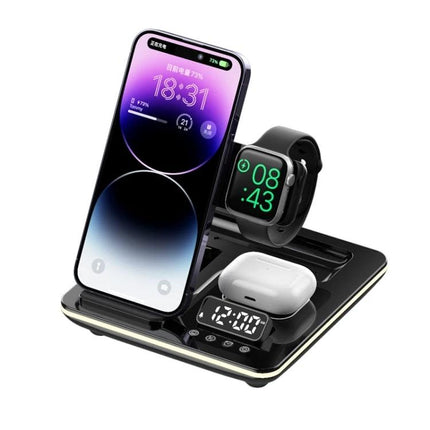 Desk Charger Stand for Everyday Device Charging at Home showing phone, watch, and earbuds charging on a nightstand-ready dock